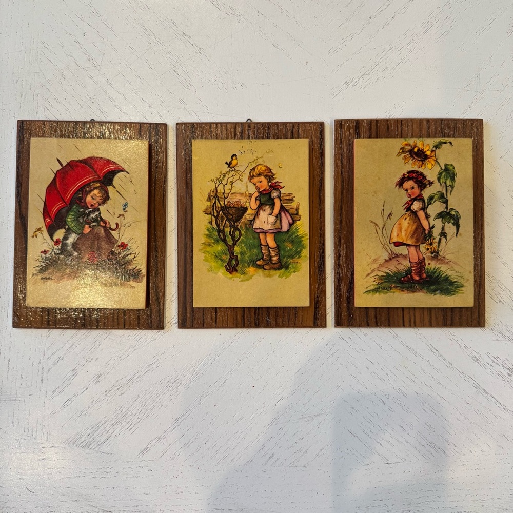 Vintage Wooden Wall Hilde Hummel Postcard Art Trio with Children Illustrations